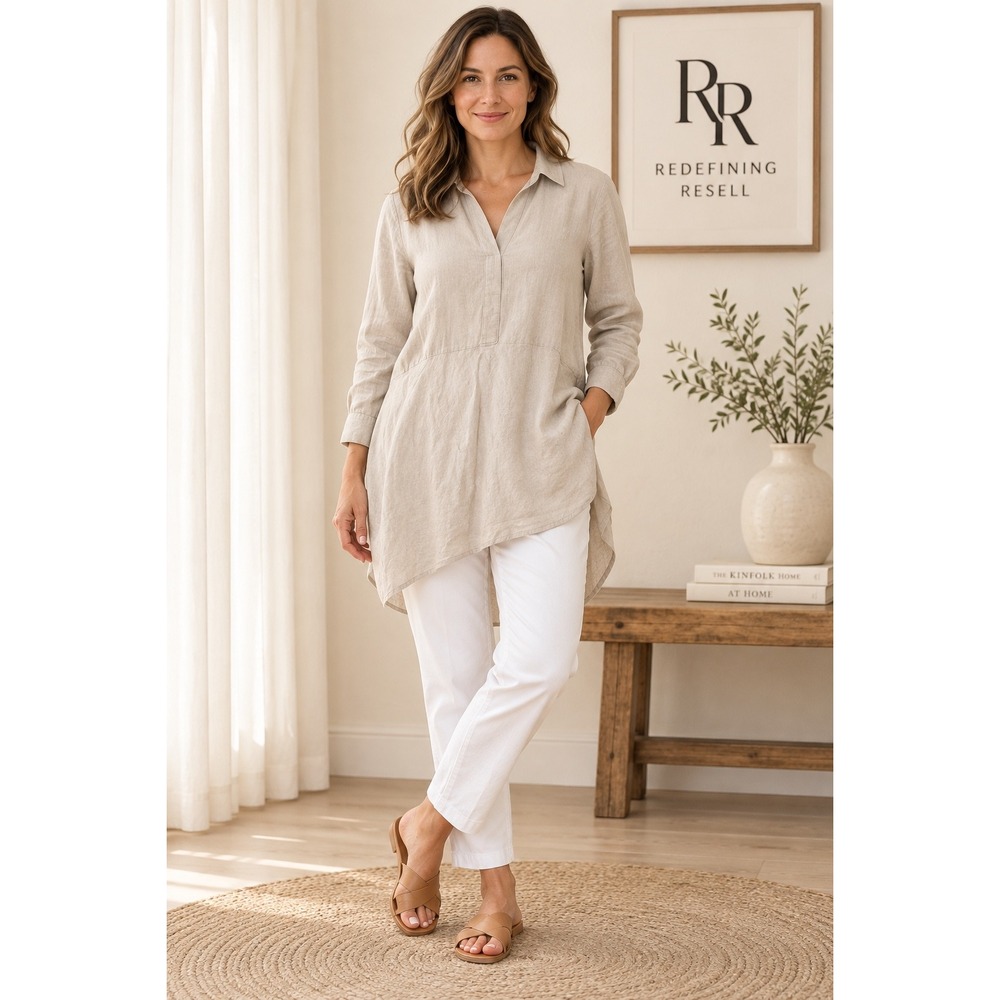 J. Jill Love Linen Tunic Shirt Womens Small Beige Asymmetrical Handkerchief Hem